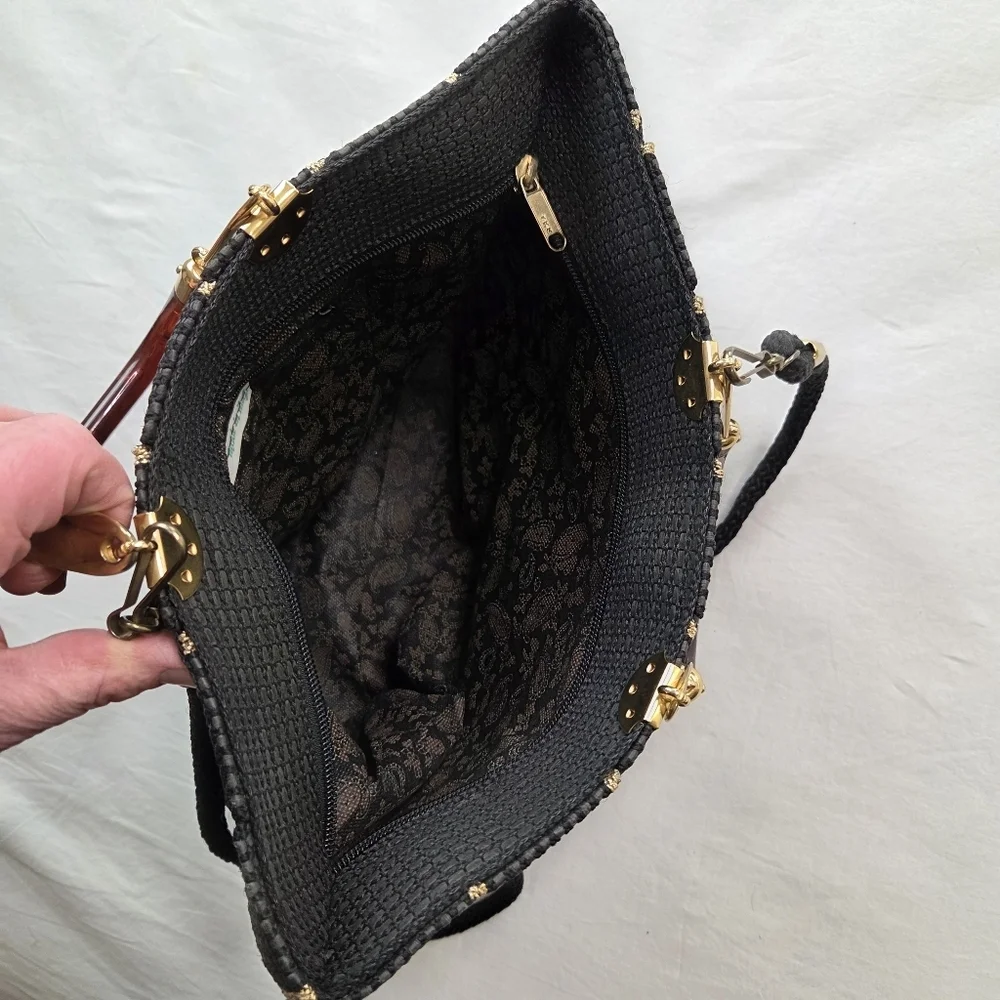 Bartucci Made in Italy Woven‎ Black Gold Tote Bag Rope Strap Top Handle